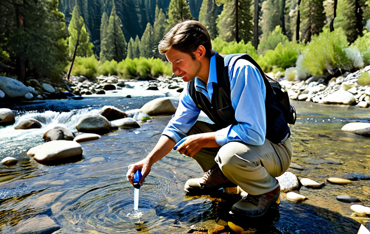 **

A professional environmental scientist, fully clothed in appropriate field attire (hiking boots, khaki pants, a collared shirt, and a vest), taking water samples from a pristine mountain stream in the Sierra Nevada mountains. The scene showcases lush greenery, clear water, and a sunny day. Safe for work, appropriate content, perfect anatomy, natural proportions, professional environmental photography, high quality, modest.

**