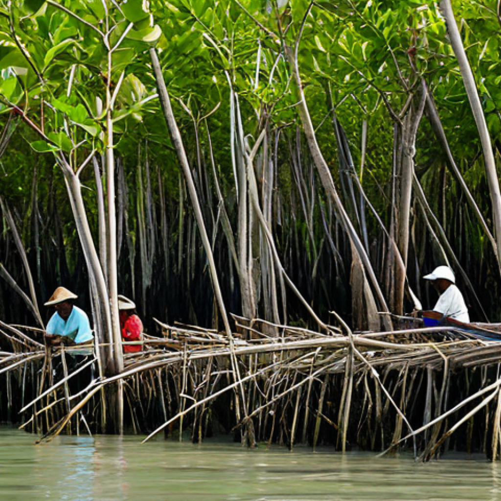 생물다양성 보전 실습 사례 연구 - A vibrant, detailed shot of a coastal community in the Caribbean (e.g., Colombia or Yucatán Peninsul...
