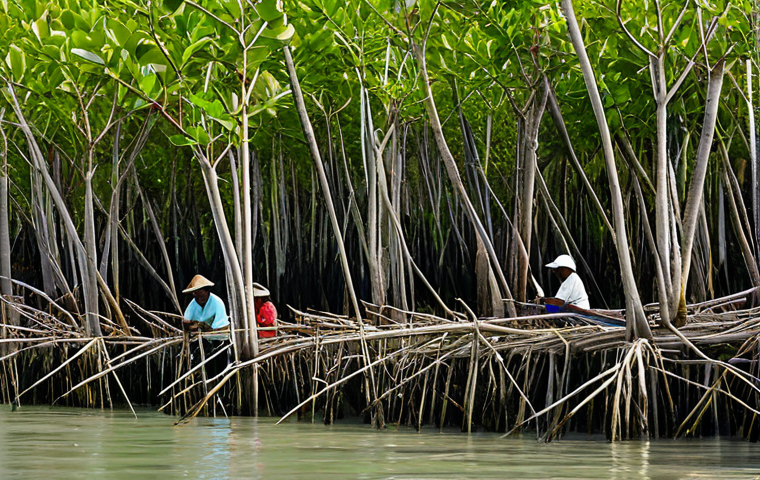 생물다양성 보전 실습 사례 연구 - A vibrant, detailed shot of a coastal community in the Caribbean (e.g., Colombia or Yucatán Peninsul...