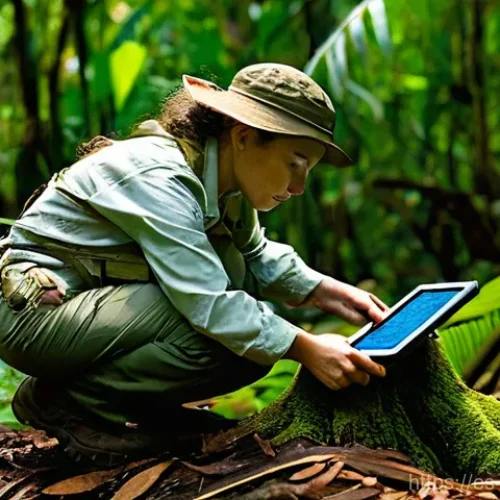 생물다양성 보전 실무 교육과정 - **Field Biologist Monitoring Wildlife in the Amazon:** A dedicated female field biologist, wearing p...