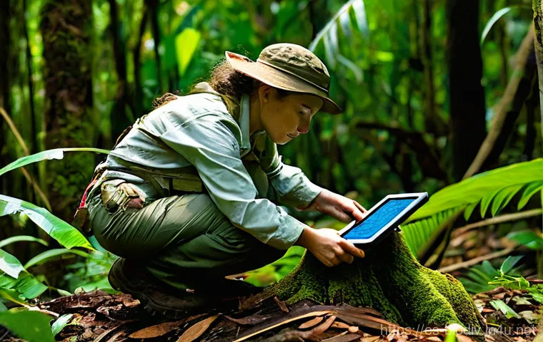 생물다양성 보전 실무 교육과정 - **Field Biologist Monitoring Wildlife in the Amazon:** A dedicated female field biologist, wearing p...