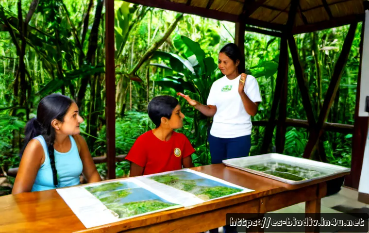 생물다양성 보전 전문가 직무 강의 - Photorealistic biodiversity conservation specialist teaching a small adult class in a bright environ...